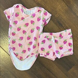 Pink Strawberry Print Baby Onesie and Shorts Set